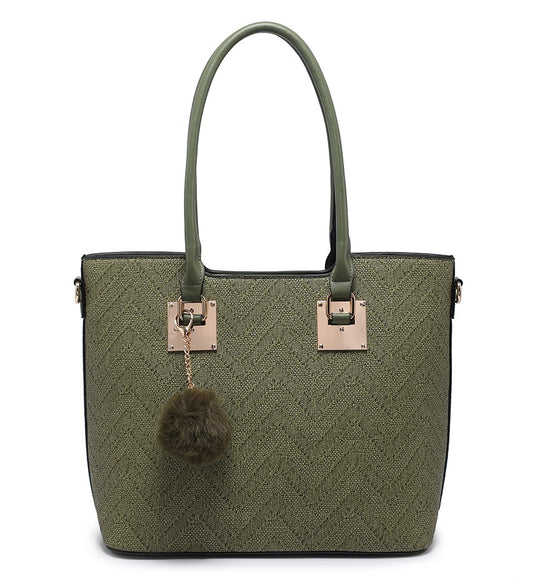 Zig-Zag Textured Green Handbag with Pom-Pom