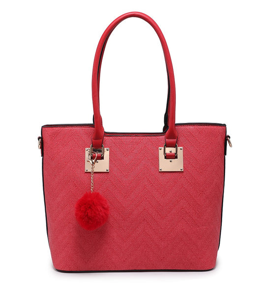 Zig-Zag Textured Red Handbag with Pom-Pom