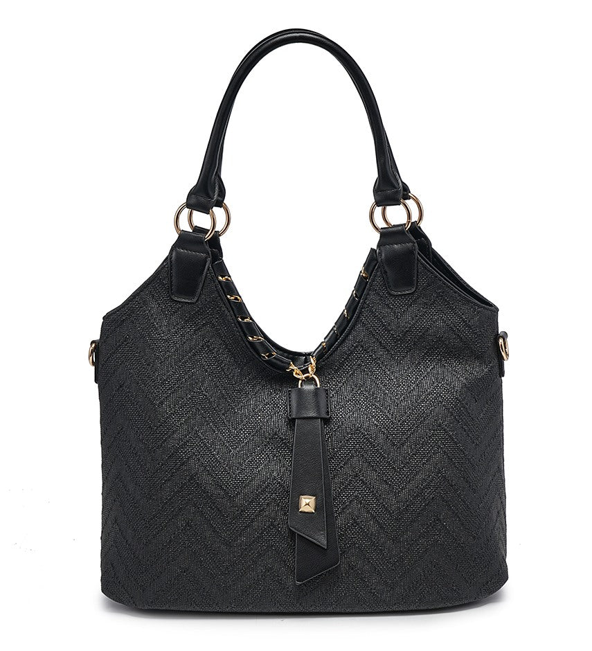 Zig-Zag Textured Black Handbag with Leather Detailing