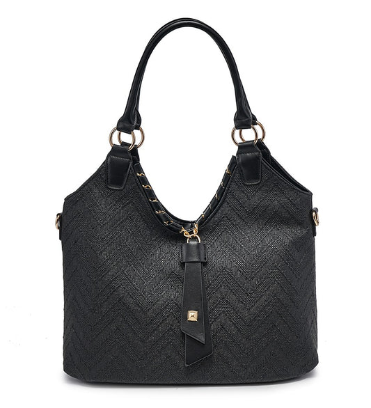 Zig-Zag Textured Black Handbag with Leather Detailing