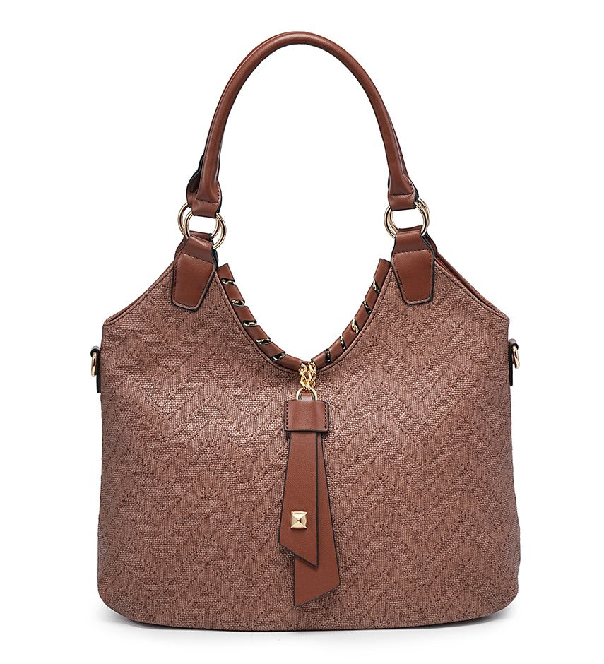 Zig-Zag Textured Coffee Handbag with Leather Detailing