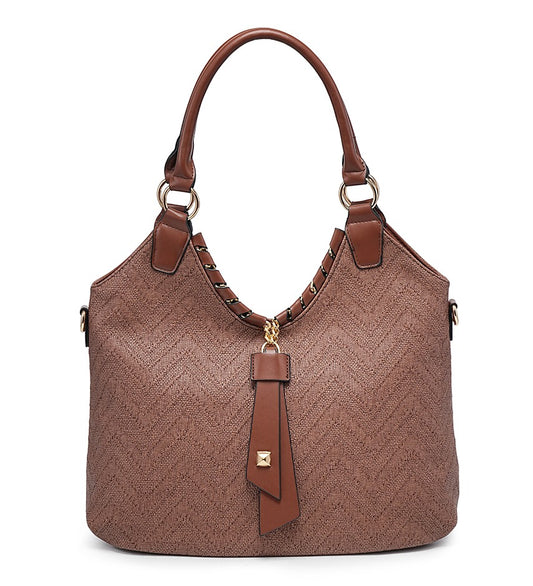 Zig-Zag Textured Coffee Handbag with Leather Detailing