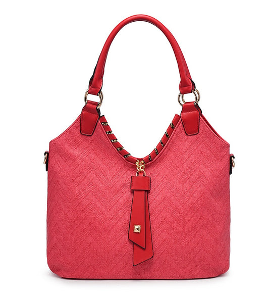 Zig-Zag Textured Red Handbag with Leather Detailing