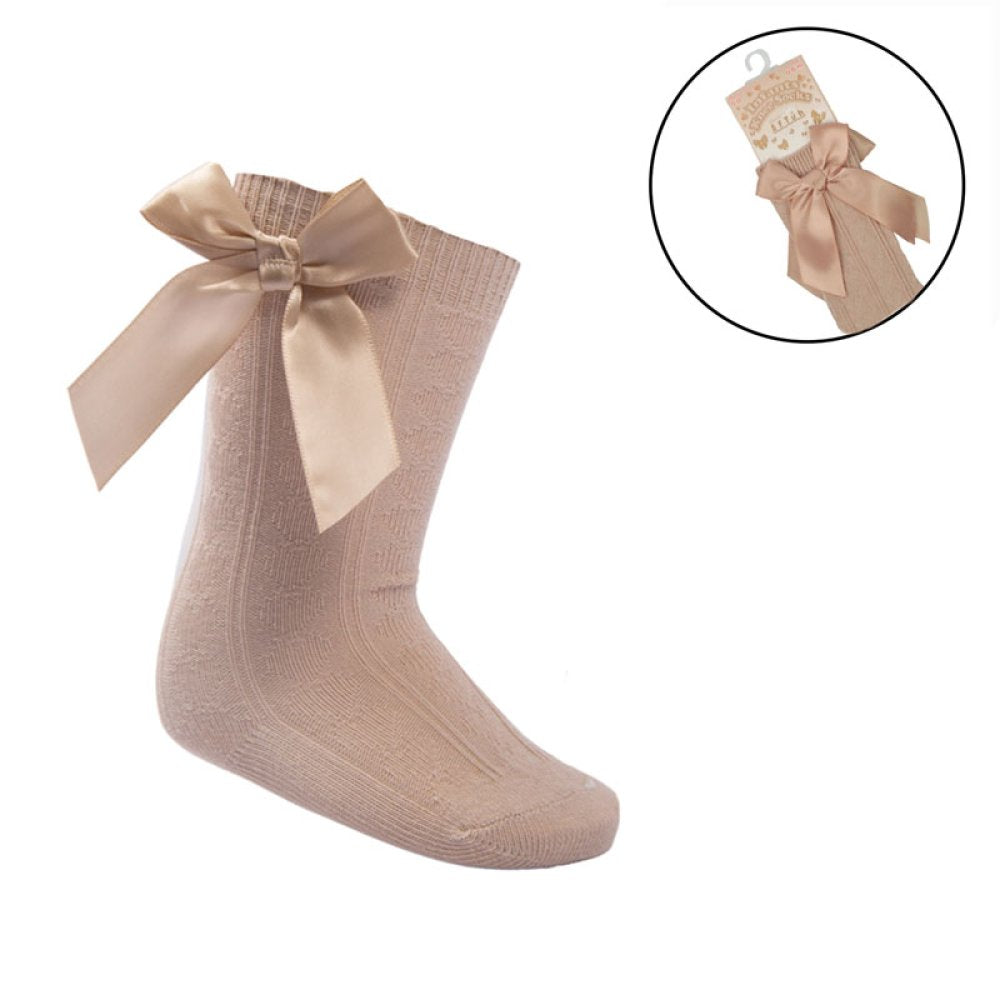 Beige knee Length Sock with Stitched Satin Bow