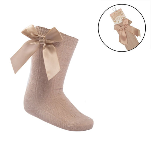 Beige knee Length Sock with Stitched Satin Bow