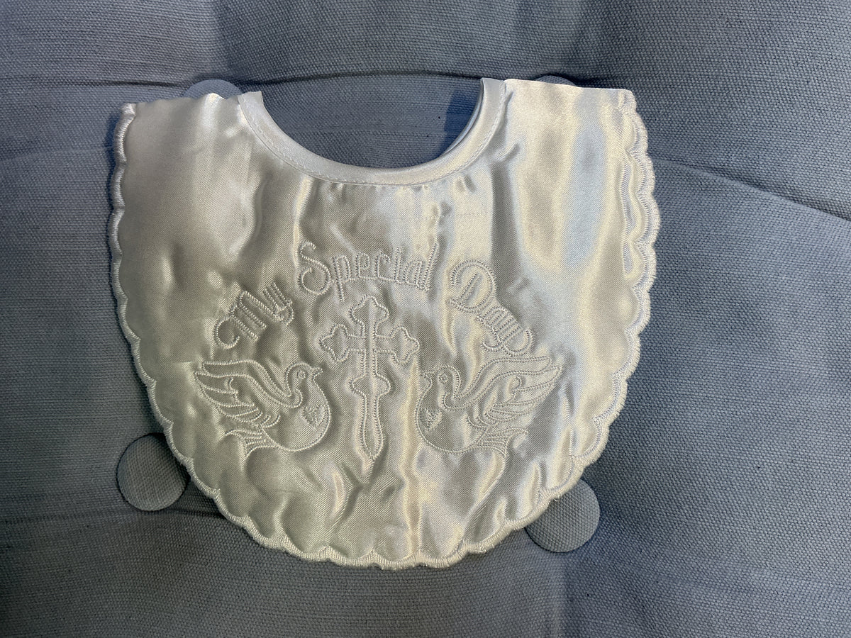 Small White Satin Christening Bib “My Special Day” with Cross and Dove Detail