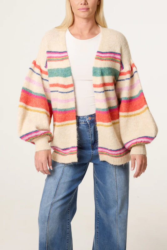 Ballon Sleeve Striped Knitted Cardigan