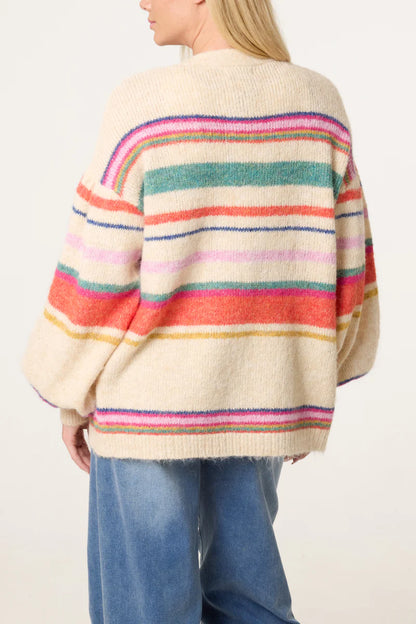 Ballon Sleeve Striped Knitted Cardigan