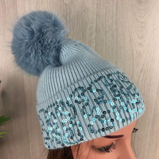 Blue Knitted Pom-Pom Hat With Sequenced Turnover