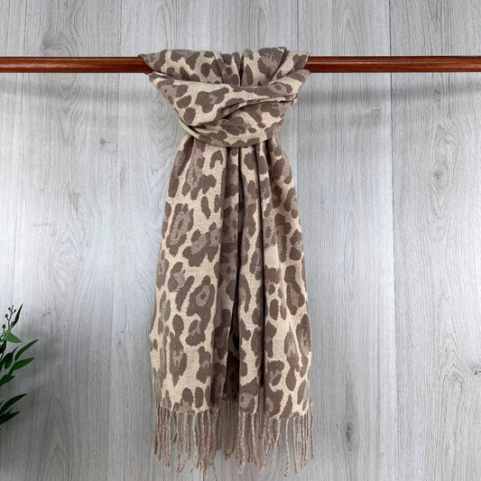 Beige Neutral Leopard Print Scarf With Fringe