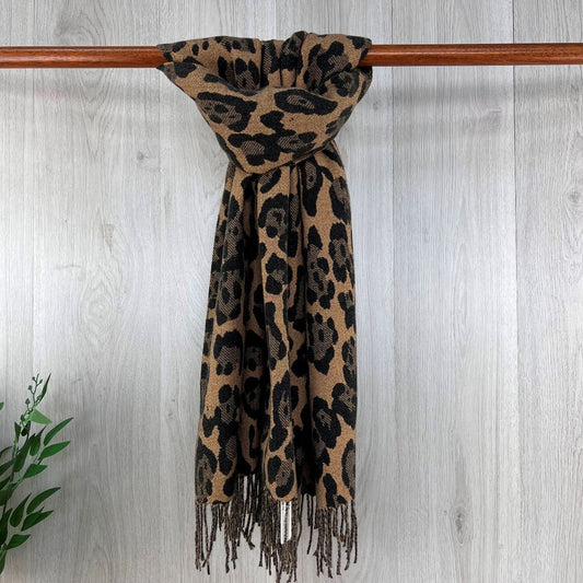Black Neutral Leopard Print Scarf With Fringe