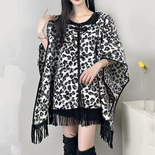 Leopard Print Poncho With Tassels in Black/White