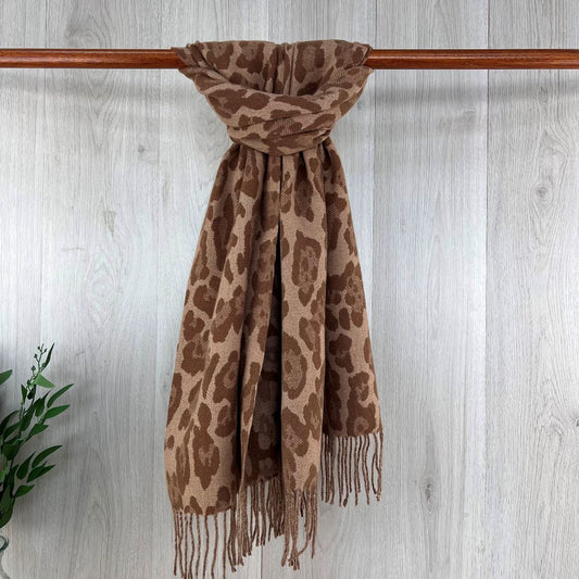 Brown Neutral Leopard Print Scarf With Fringe