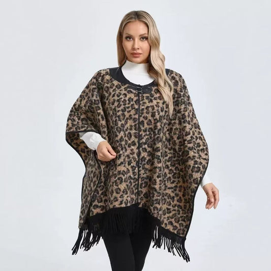 Leopard Print Poncho With Tassels in Brown