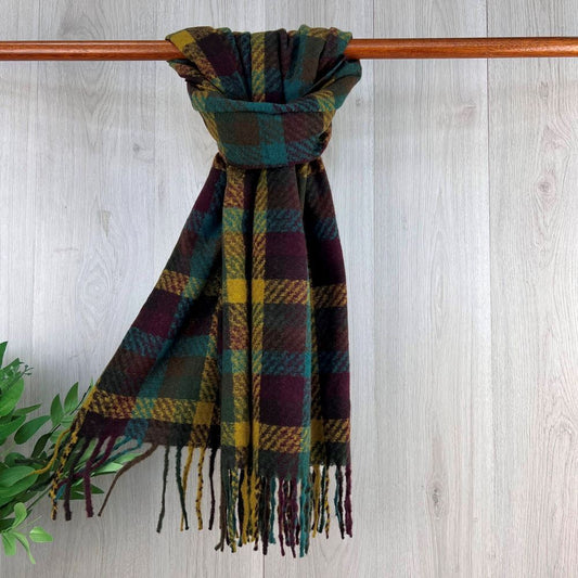 Brown Wooly Feel Winter Checked Scarf With Fringe