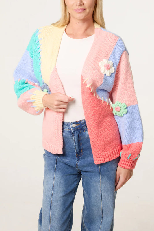 Orange Colour Block Knitted Flower Cardigan
