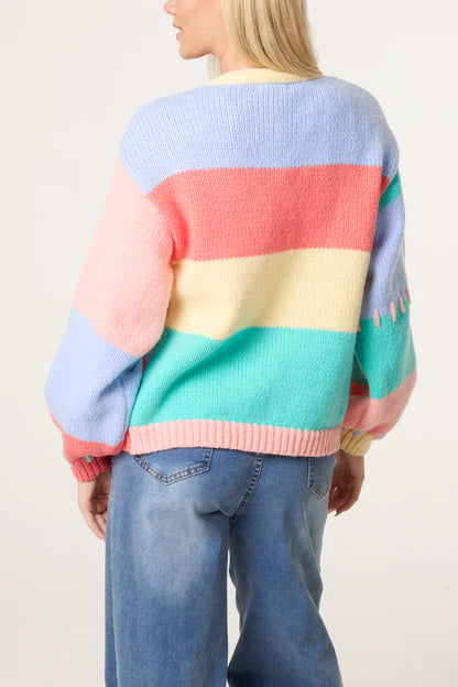 Orange Colour Block Knitted Flower Cardigan