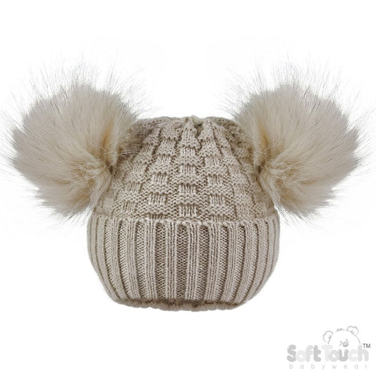 Biscuit Checked Hat With Pom Pom's