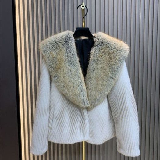 Striped Coat With Fur Collar in Cream