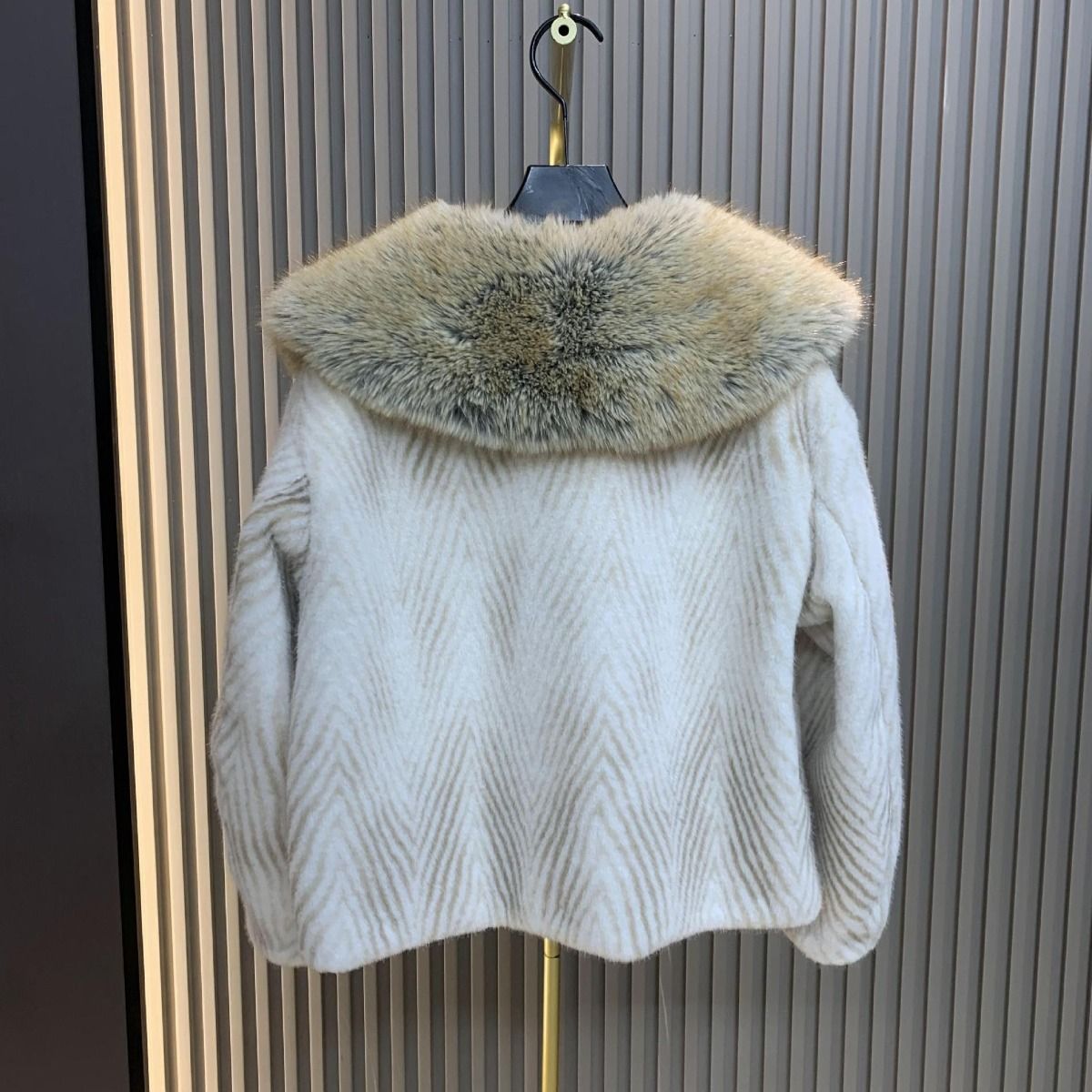 Striped Coat With Fur Collar in Cream