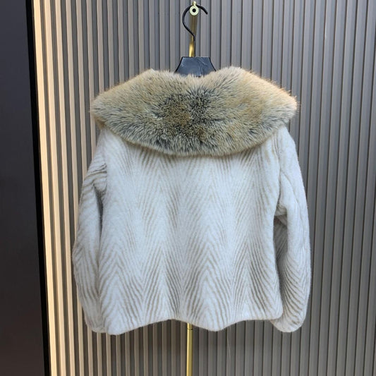 Striped Coat With Fur Collar in Cream