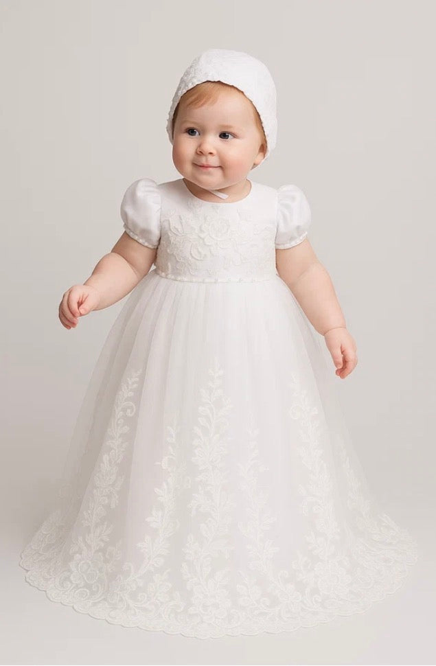 Baby Girls White Alexa Full Length Christening Gown with Heirloom Lace and Matching Bonnet