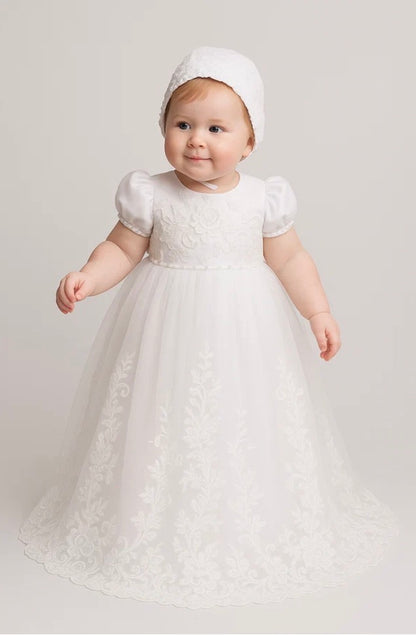 Baby Girls White Alexa Full Length Christening Gown with Heirloom Lace and Matching Bonnet
