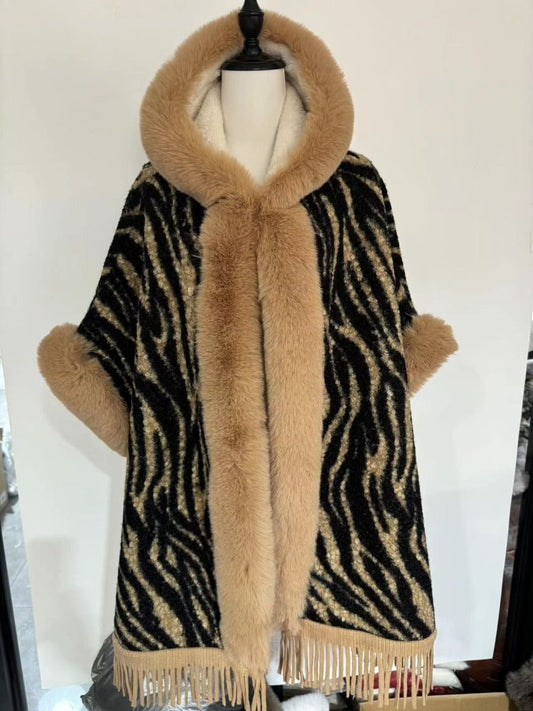 Zebra Print Faux Fur Cape
