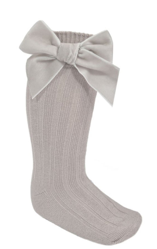 Infants Elegance biscuit Ribbed Knee Length Socks w/Large Velvet Bow