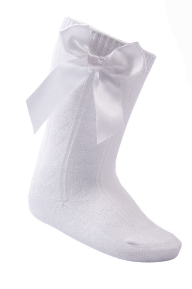 White knee length sock with stitched bow