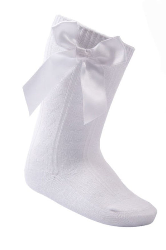 White knee length sock with stitched bow