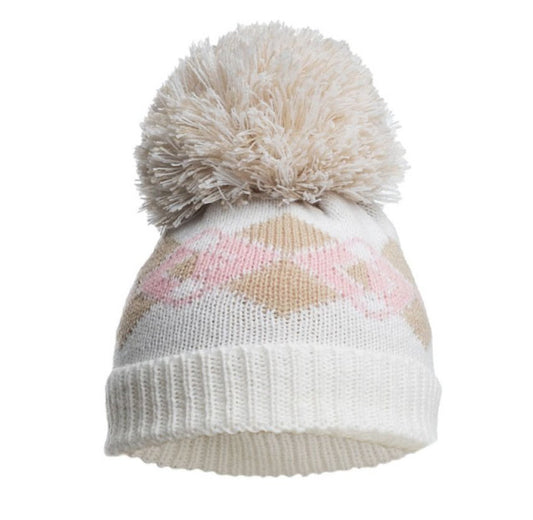 Pink Argyle Hat with Pom Pom and turnover