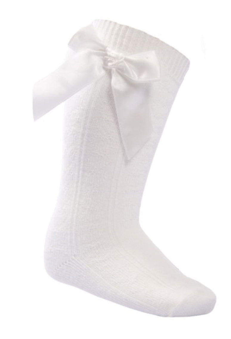 Cream knee length sock with stitched bow