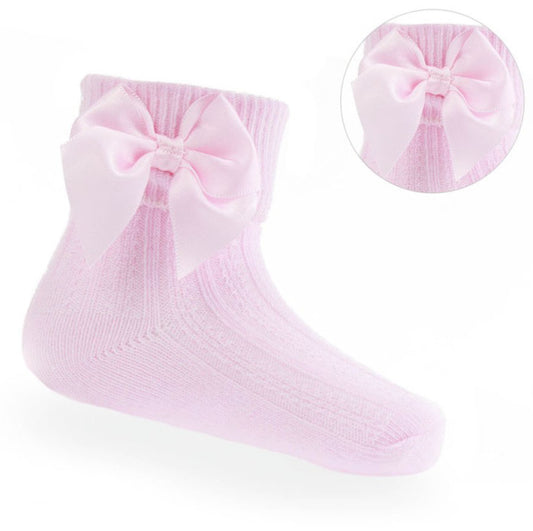 Ribbed Turnover pink Ankle Socks with Large Bow