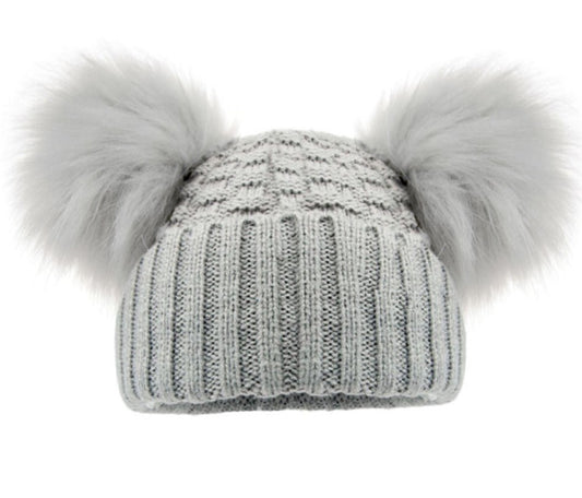 Grey Checked Hat With Pom Pom's