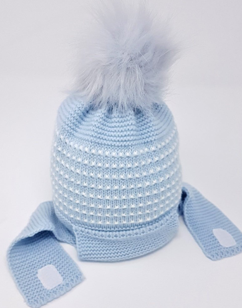 Baby Knitted Fur Pom Hat With Chin Strap (Sky)