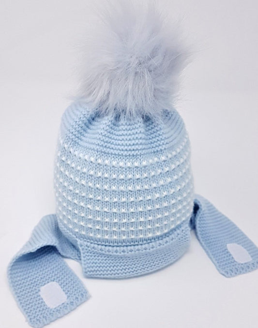 Baby Knitted Fur Pom Hat With Chin Strap (Sky)