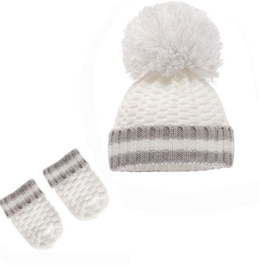 White Hat and Mittens Set trimmed with grey