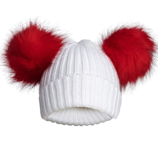 white ribbed Hat with faux red pom poms and turnover