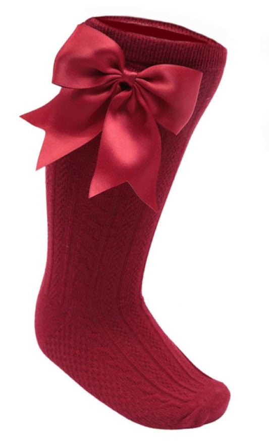 Burgundy knee length sock with satin bow