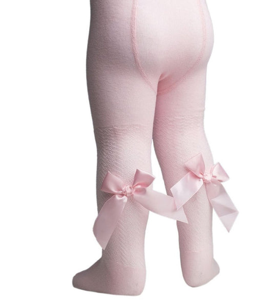 Plain Jacquard  pink tights with Long Bow