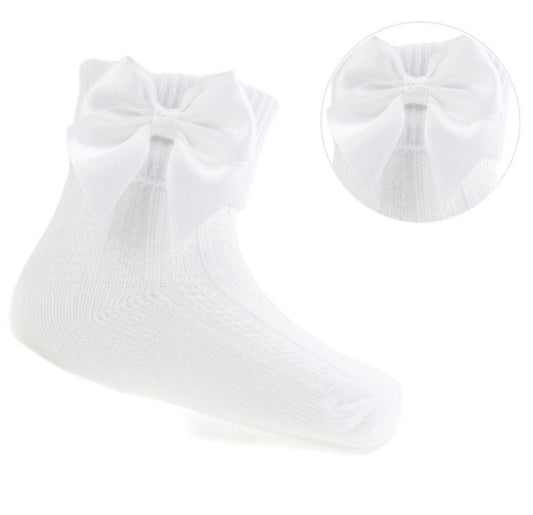 Ribbed Turnover white Ankle Socks with Large Bow