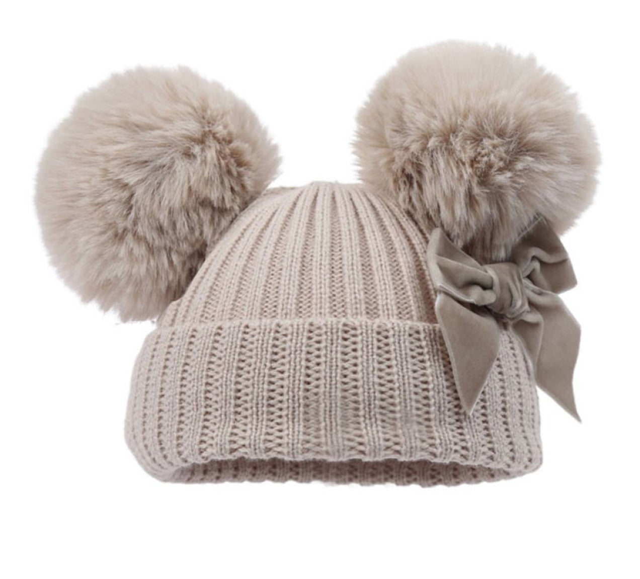 Ribbed biscuit hat with pom poms , turnover and velvet bow