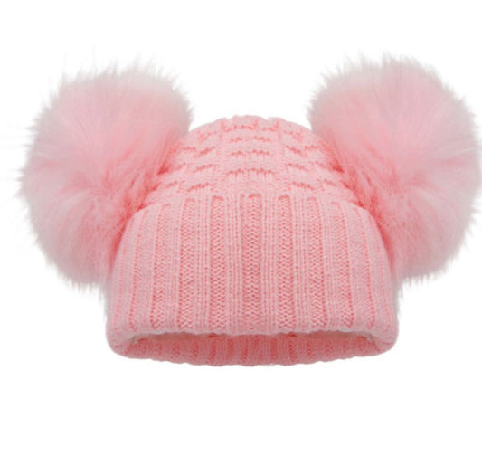Pink Checked Hat With Pom Pom's