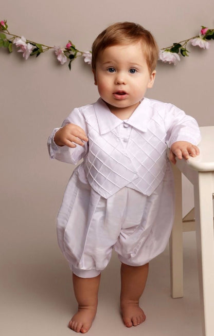 Boys White Patrick Christening Romper with Hat