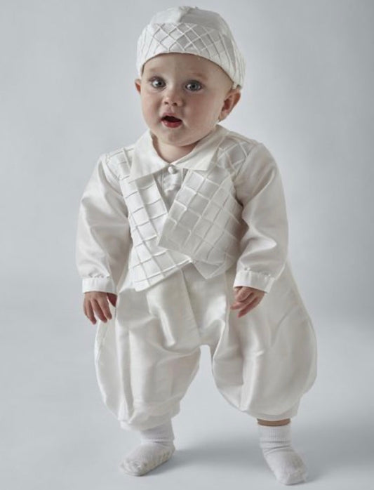 Boys White Patrick Christening Romper with Hat