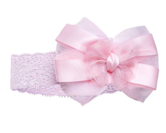 Pink lace headband with satin organza bow
