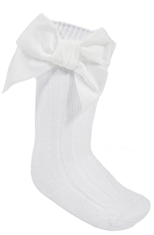Infants Elegance white Ribbed Knee Length Socks w/Large Velvet Bow