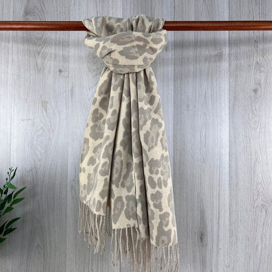 Grey Neutral Leopard Print Scarf With Fringe