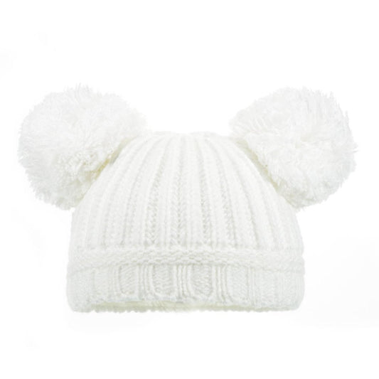 Knitted Hat With Pom Pom's in White